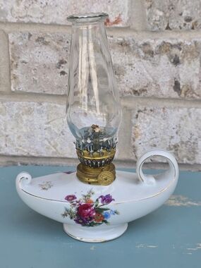 Vintage Made in Japan Miniature Porcelain Oil Lamp with Glass Chimney